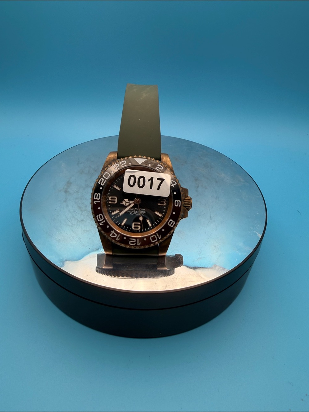 Custom Bronze “S” Mens Watch with Green FKM Strap Wristwatch 3,6,9 black dial